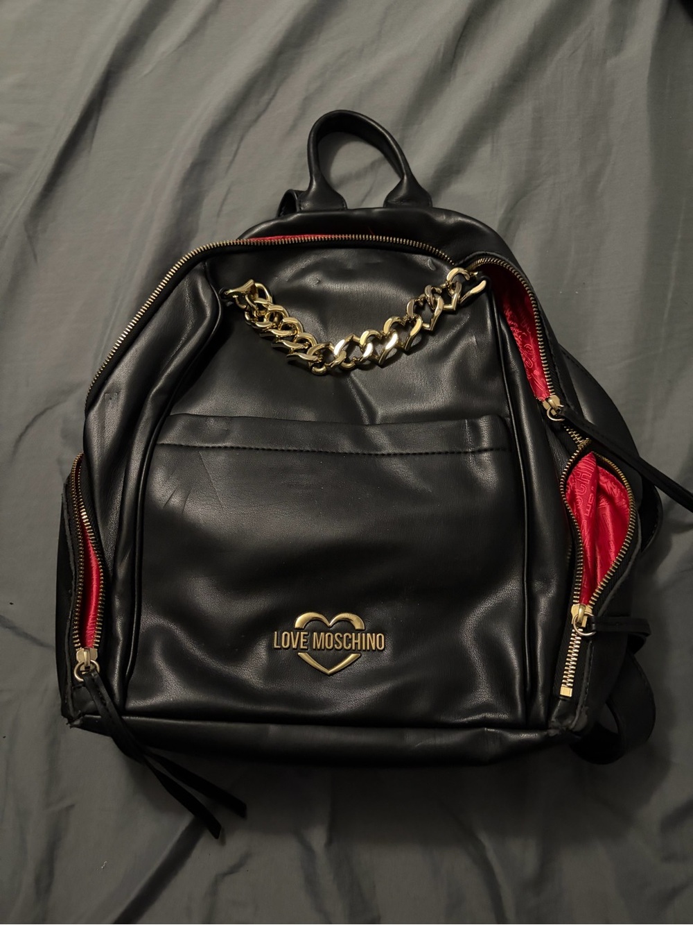 Love Moschino Black Backpack with Gold Chain and Red Interior